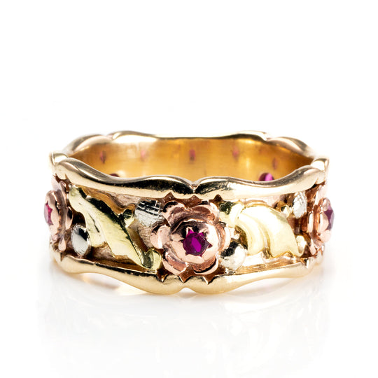 14 k Tri Colored Gold Floral Band with Ruby