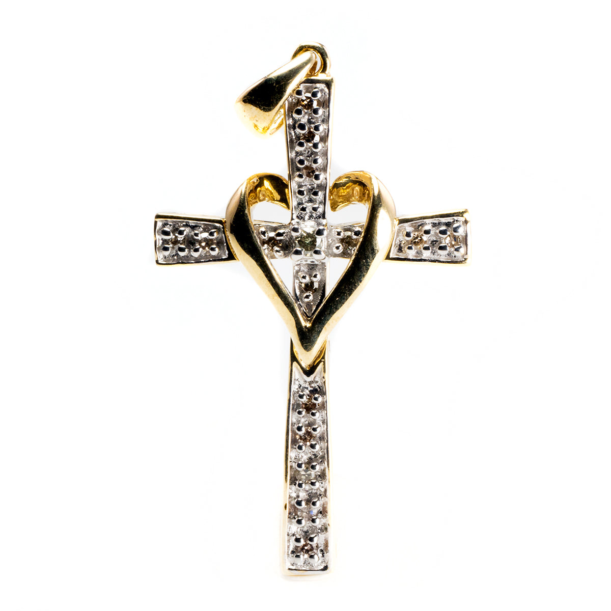 10k Gold Diamond Cross Pendant with Heart Accent