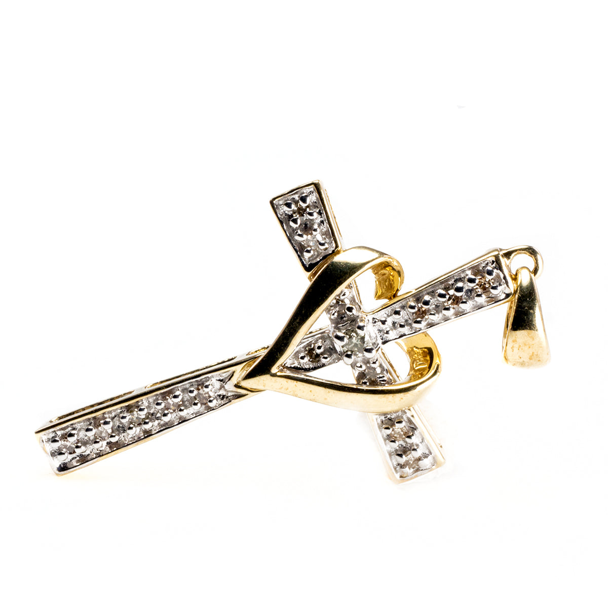 10k Gold Diamond Cross Pendant with Heart Accent