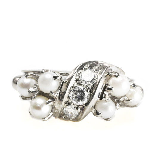 14 k White Gold Pearl and Diamond Ring