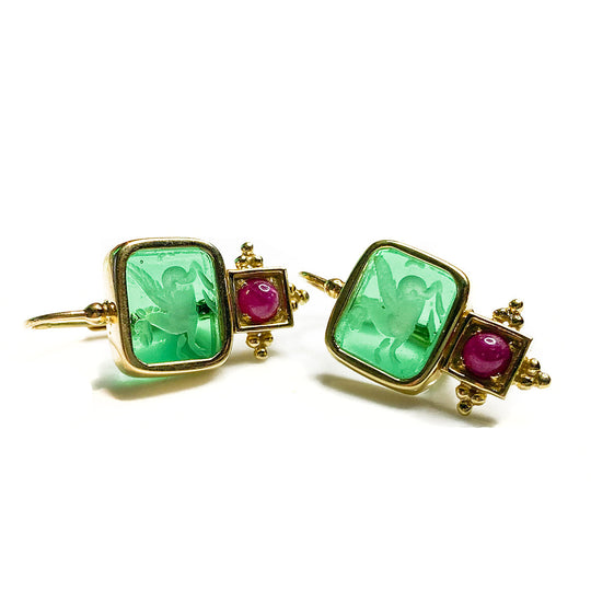 14 k Yellow Gold Ruby and Venetian Glass Earrings