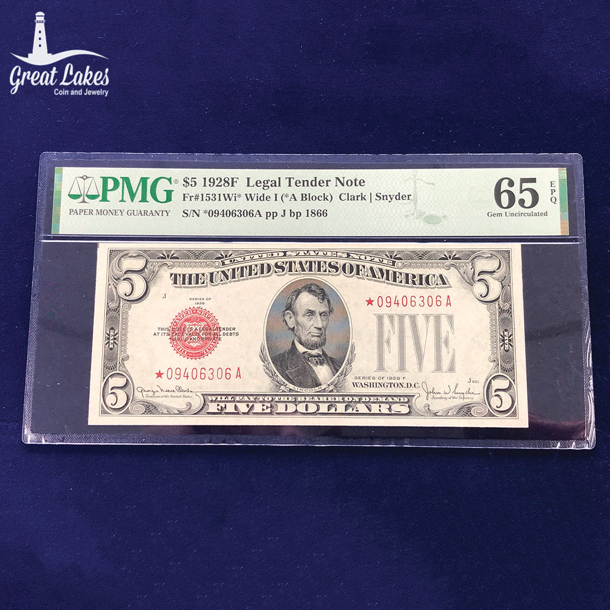 Fr. 1531 Wide 1928-F $5 Legal Tender Star Note PMG Gem 65 EPQ