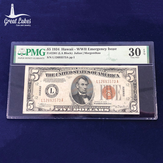Fr. 2301 No Mule 1934 Hawaii $5 Federal Reserve Note WWII Emergency Issue PMG VF 30 EPQ