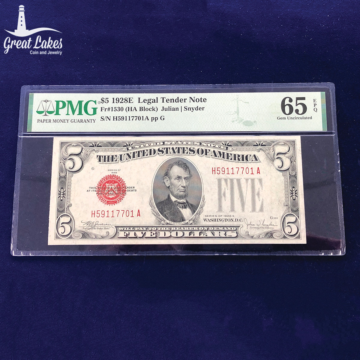 Fr. 1530 HA Block 1928-E $5 Legal Tender PMG Gem 65 EPQ