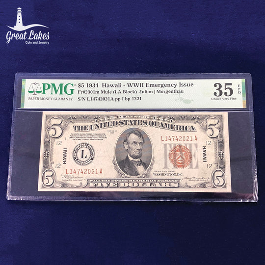 Fr. 2301 Mule 1934 Hawaii $5 Federal Reserve Note WWII Emergency Issue PMG VF 35 EPQ