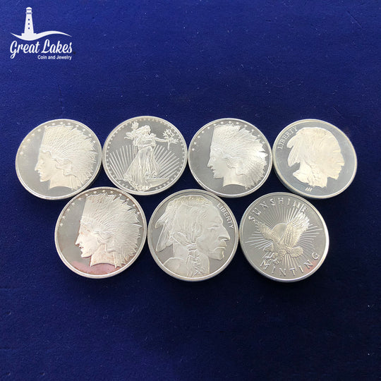 Lot of 7 Generic 1 oz Silver Rounds (Secondary Market)