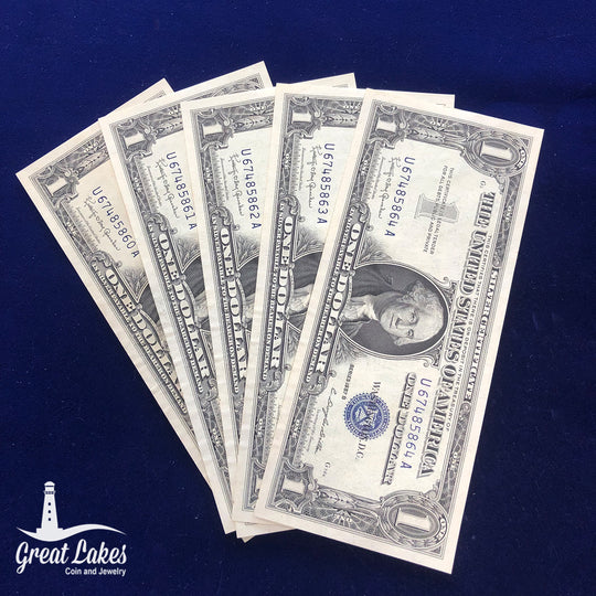 Lot of 5 Consecutive Serial Number CU 1957 B Series Silver Certificates