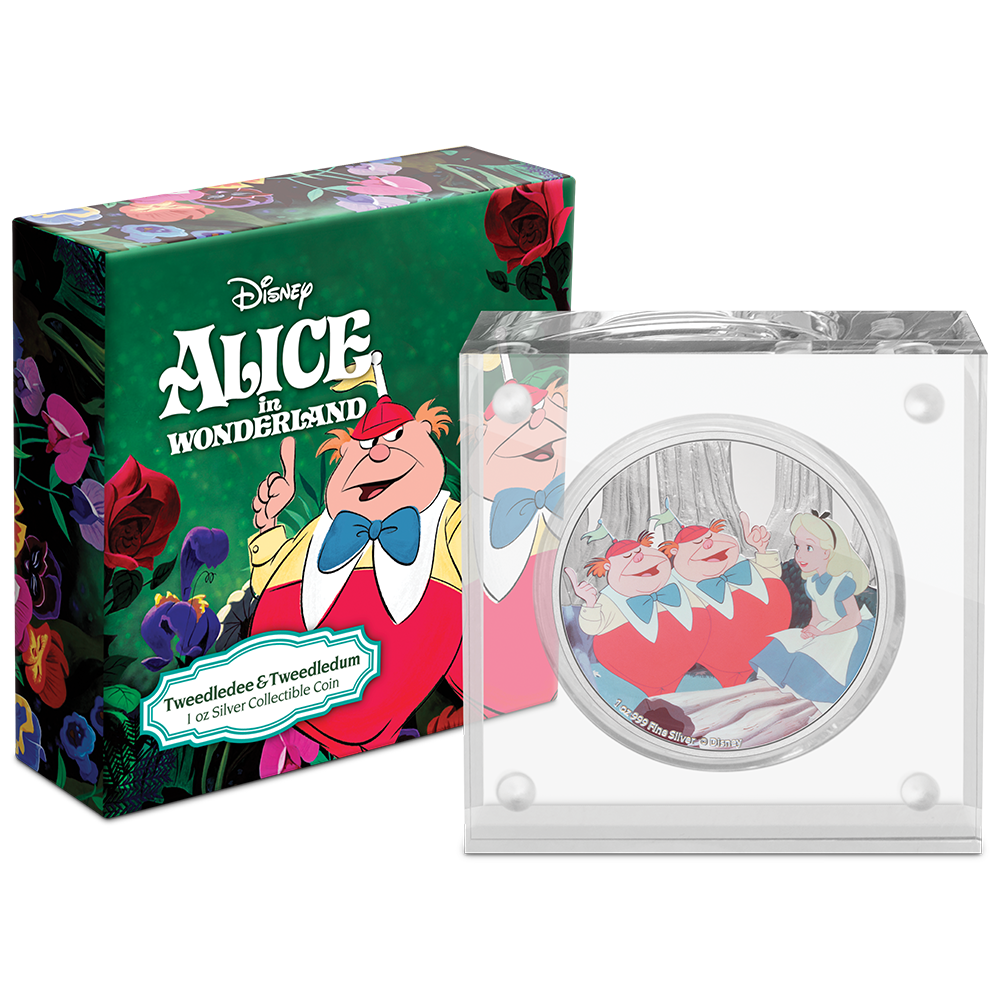 Niue Mint 2021 Disney Alice in Wonderland Tweedledee &amp; Tweedledum 1 oz Silver Coin