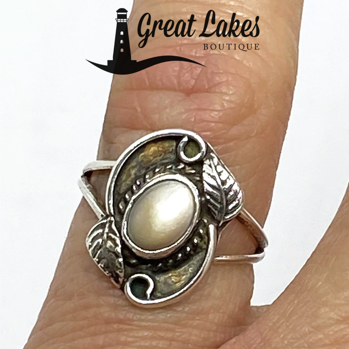 Great Lakes Boutique Silver &amp; Pearl Leaf Ring