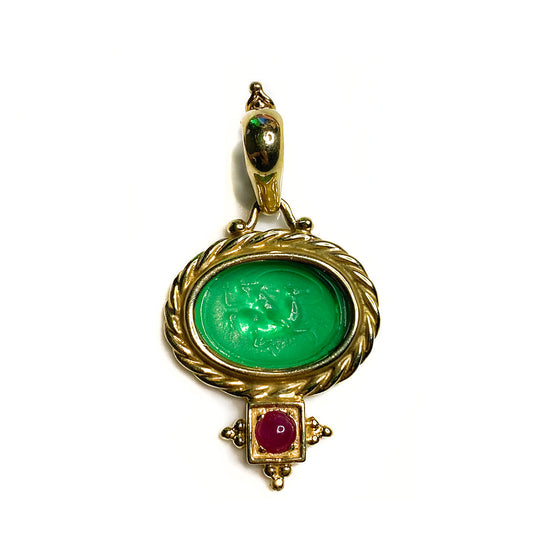 14 k Yellow Gold Ruby and Venetian Glass Pendant