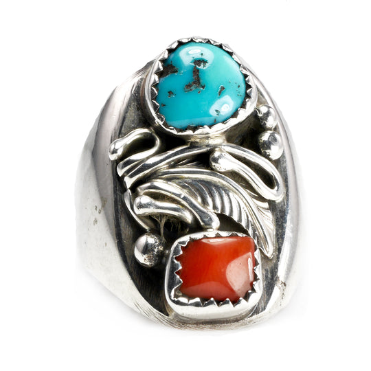 Navajo Silver Turquoise & Coral Ring