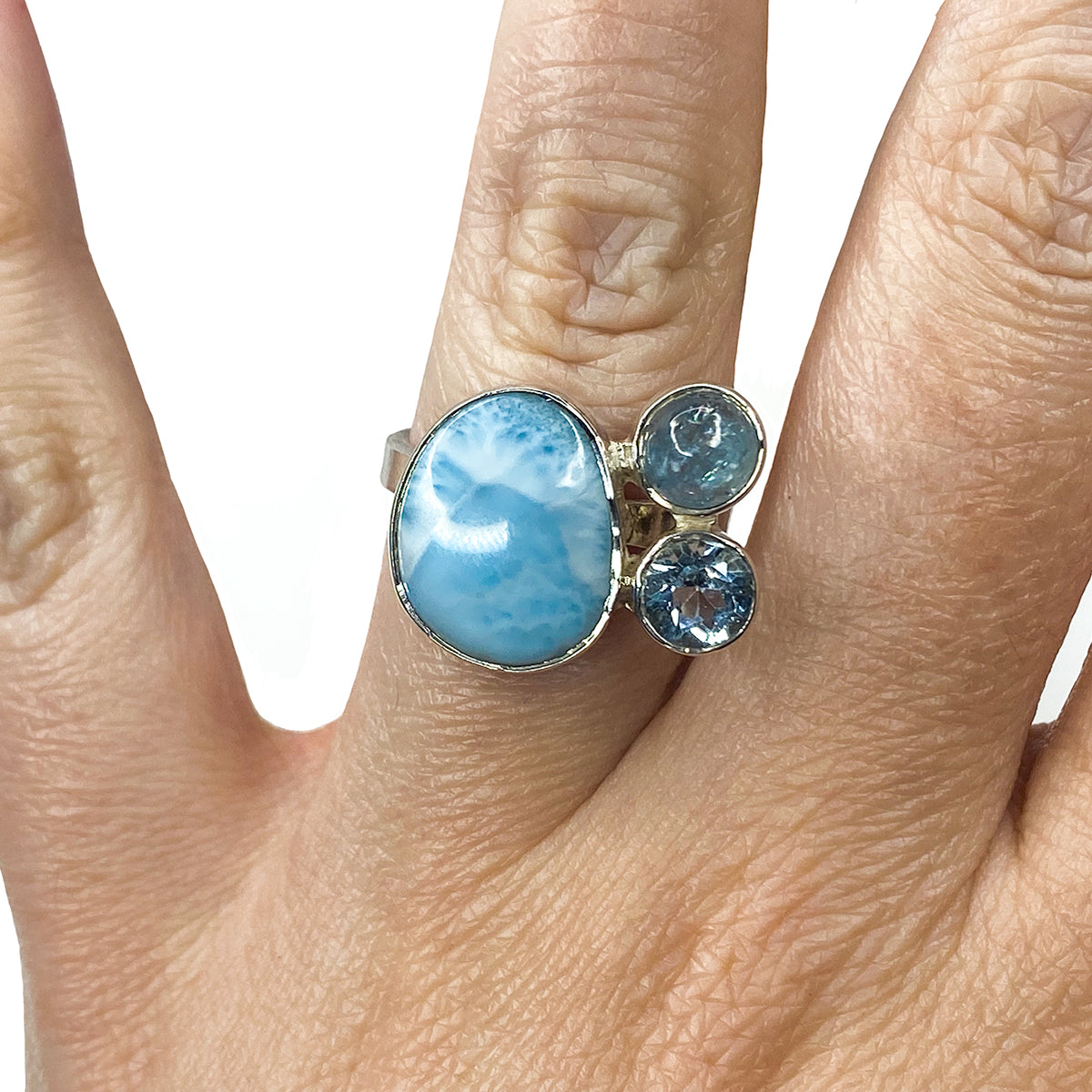 Adjustable Silver Larimar &amp; Aquamarine Ring