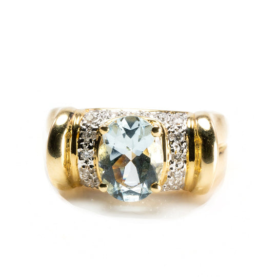 10 k Yellow Gold Aqua Marine and Diamond Ring