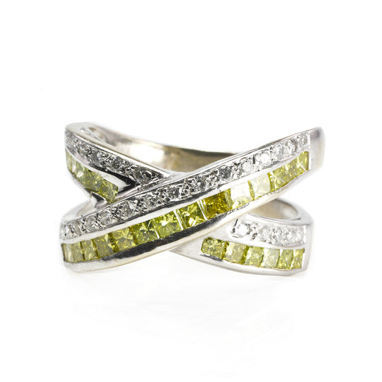 14 k White Gold Yellow and White Diamond Criss Cross Ring