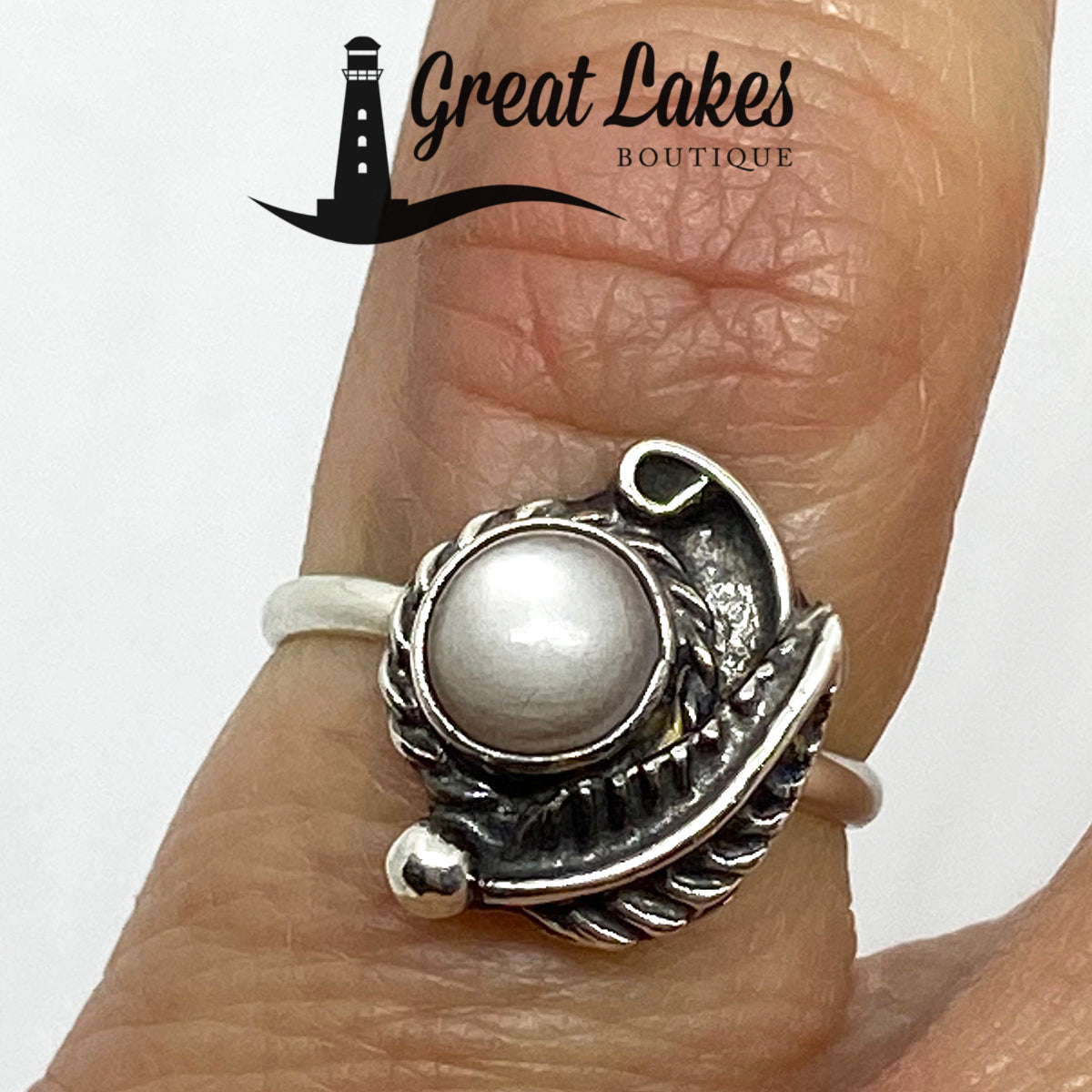 Great Lakes Boutique Silver &amp; Pearl Feather Ring