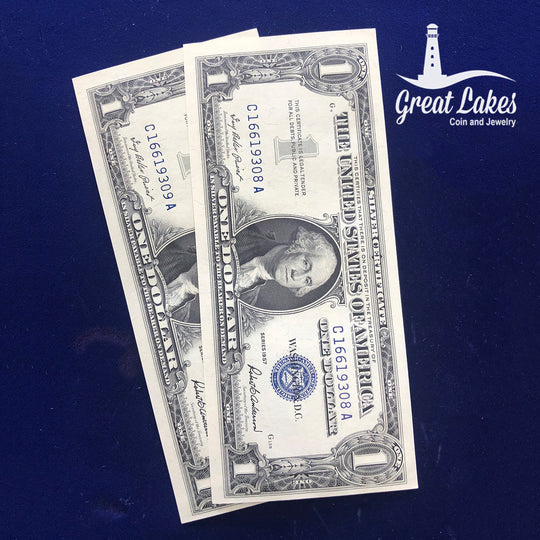 Lot of 2 Consecutive Serial Number CU 1957 Silver Certificates