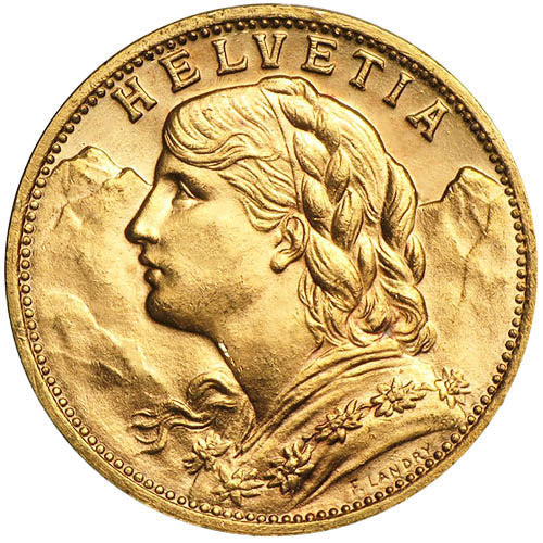 Swiss Gold 20 Francs Helvetia BU (Random Year)