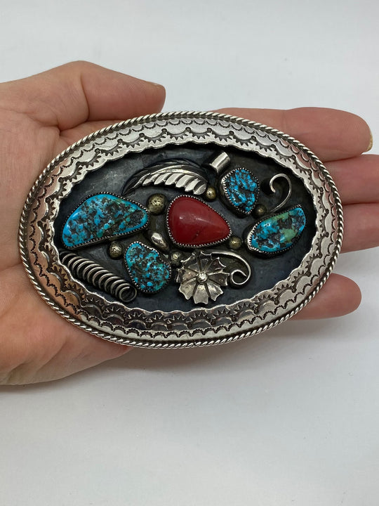Handmade Sterling Silver Native American With Turquoise And Coral Belt Buckle